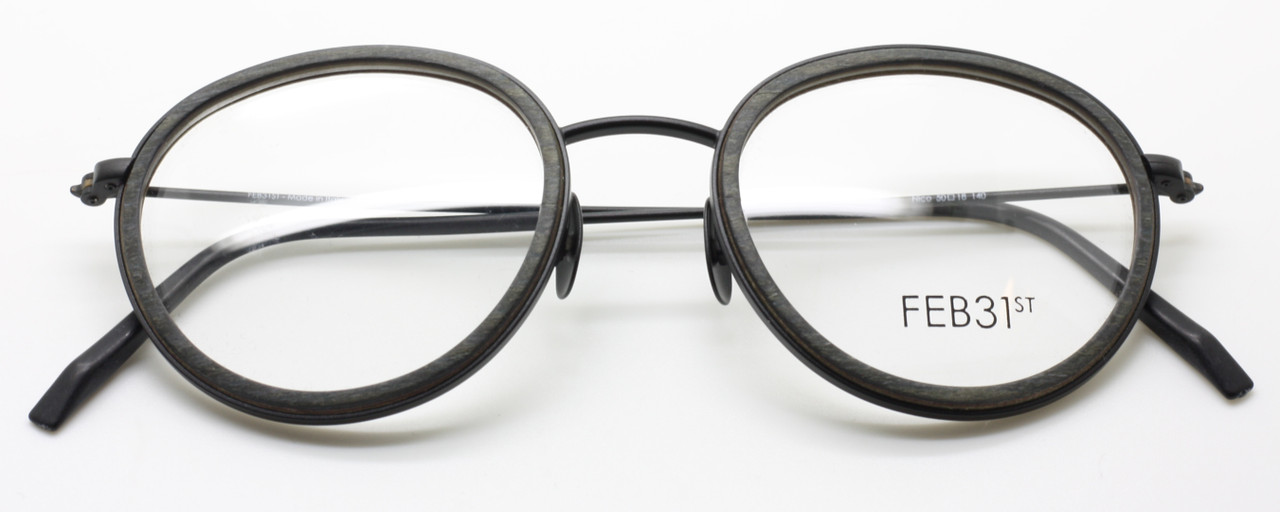 FEB31st Hand Made To Order Grey and Black, Wood & Metal Combination Panto Glasses Model NICO