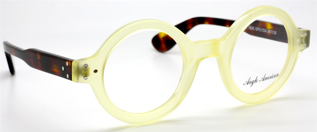 Anglo American 180E Thick Rimmed Round Glasses With A Frosted Cream Front & Demi-Amber Arms (OP31/DA) 46mm