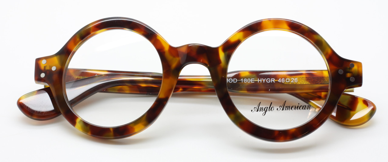 Anglo American 180E Thick Rimmed Round Acetate Glasses In A Light Demi-Amber With A Slight Touch Of Green 46mm Lens Size