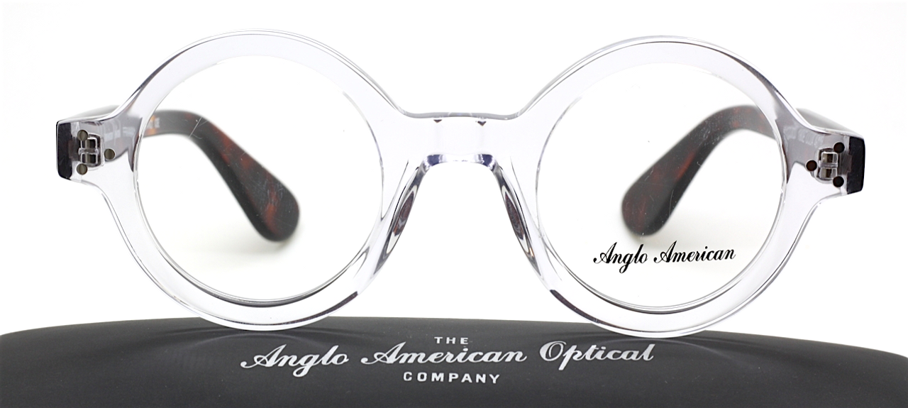 Anglo American 180E Thick Rimmed Round Acetate Glasses In A Clear Fronted Frame with Demi Amber Arms 46mm Lens Size