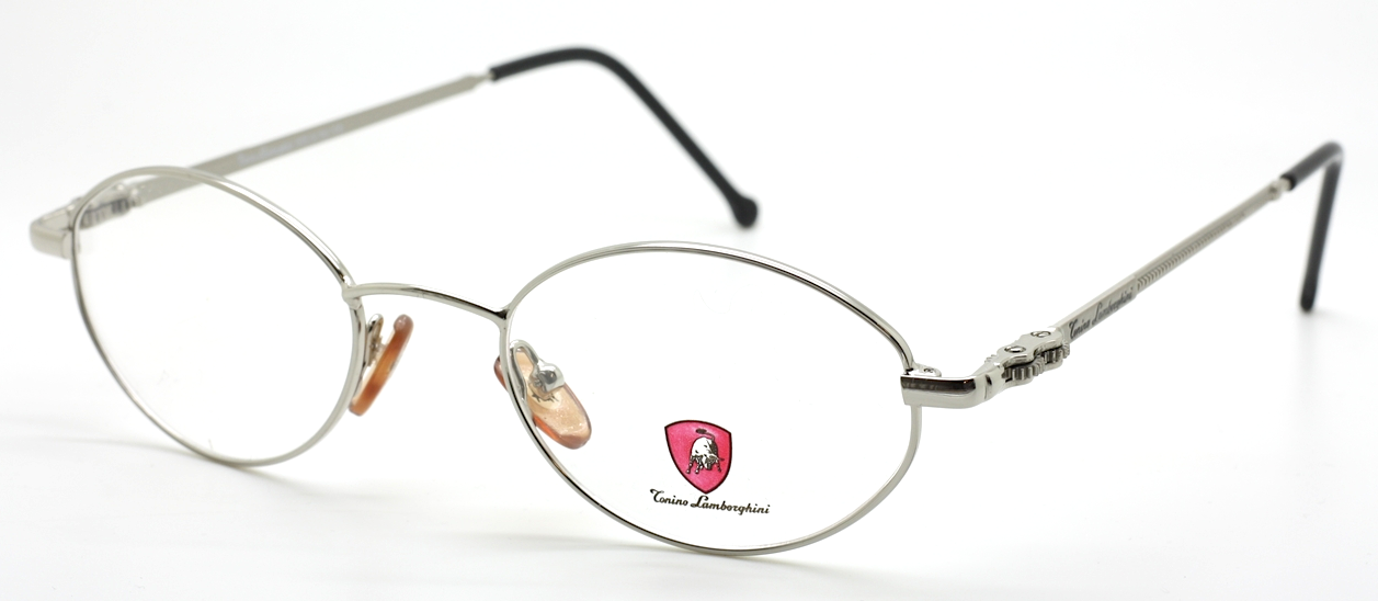 Designer Tonino Lamborghini 054 Metal Oval Cog Design Glasses In A Silver Finish With Black Ear Pieces