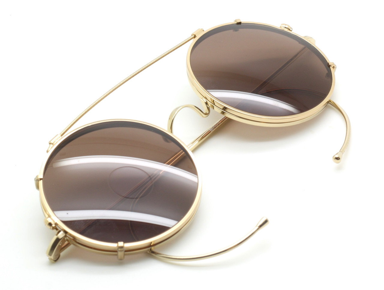 True Round Shiny Gold Eyewear And Matching Sunglasses Clip By Beuren With Saddle Bridge And Curlsides In Eye Sizes 36mm-48mm.