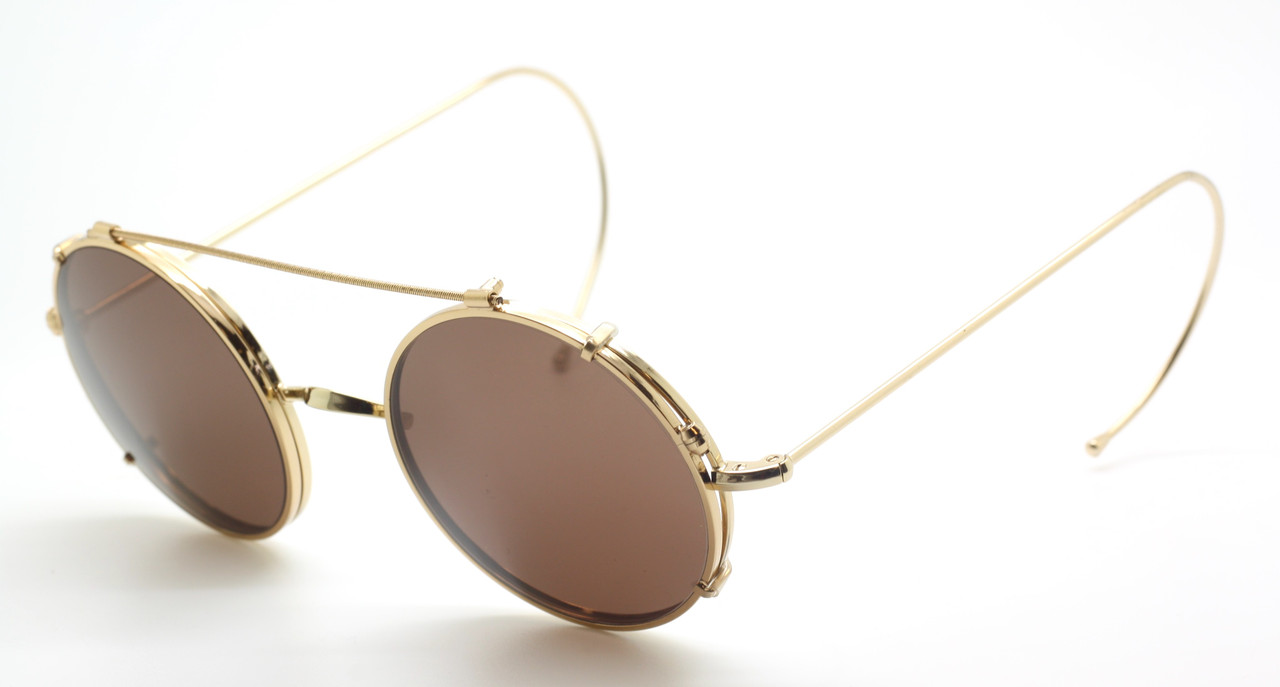 True Round Shiny Gold Eyewear And Matching Sunglasses Clip By Beuren With Saddle Bridge And Curlsides In Eye Sizes 36mm-48mm.