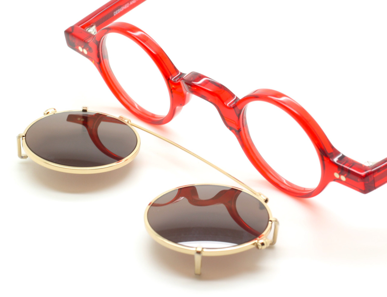 Small Round Red Acetate Eywear With Hand Made Matching Sun Clip At www.theoldglassesshop.co.uk