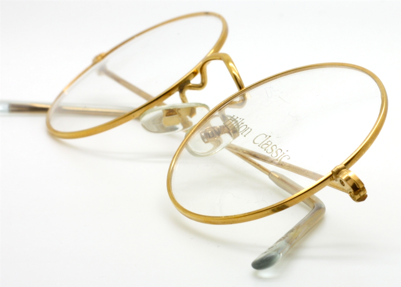 HILTON CLASSIC by Savile Row Round Vintage Frames 14kt Rolled Gold Glasses 44m With Matching Sun Clip