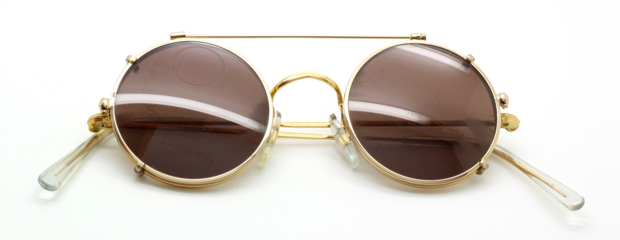 HILTON CLASSIC by Savile Row Round Vintage Frames 14kt Rolled Gold Glasses 44m With Matching Sun Clip