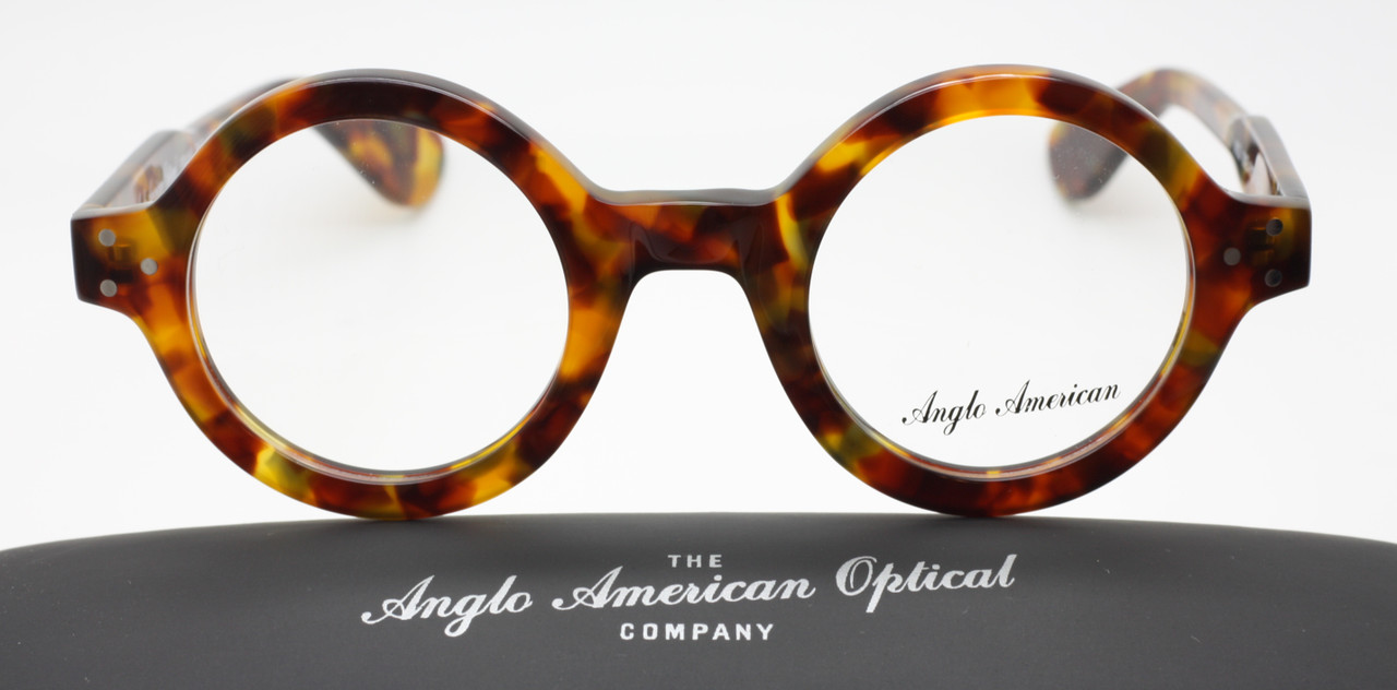 NOW WITH MATCHING SUN CLIP! Anglo American 180E HYGR Thick Rimmed Round Acetate Glasses In A Light Demi-Amber With A Slight Touch Of Green  46mm