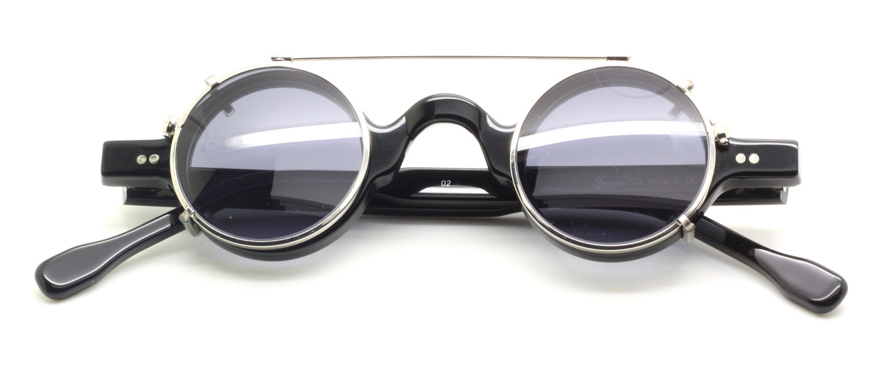 Hand Made Frame Holland Preciosa 703 Acetate Small Round 33mm Black Glasses With Matching Sun Clip