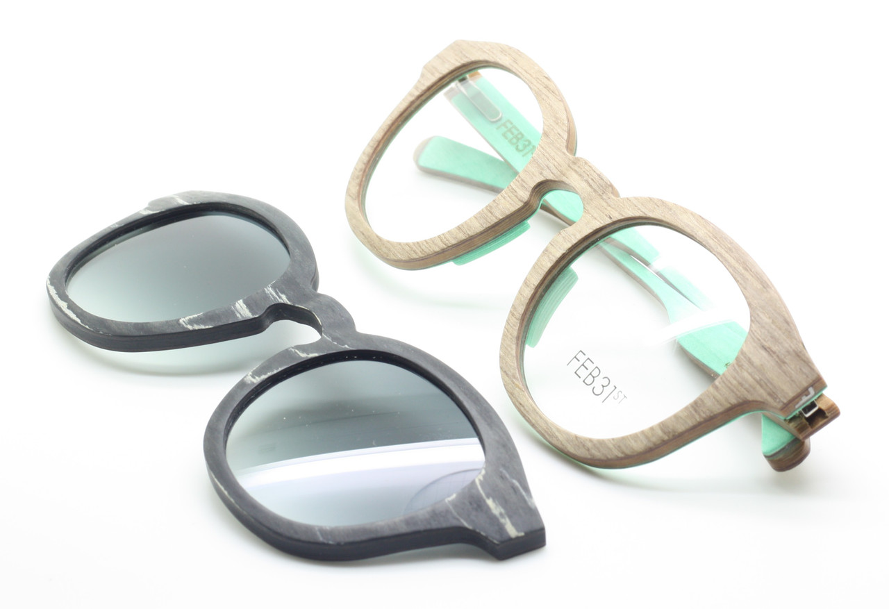 Hand Made Wooden EyeWear By Feb31st With Matching Sunclip At The Old Glasses Shop Ltd