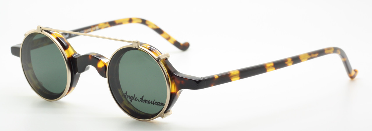 Small Lens Size Anglo American Groucho True Round Eyewear In Classic Amber Havana Coloured Acetate 33mm With Clip On Sunglasses