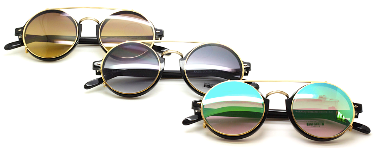 Les Pieces Uniques RAUL Acetate Round Frames in Black & Gold WITH CLIP ON SUNGLASSES