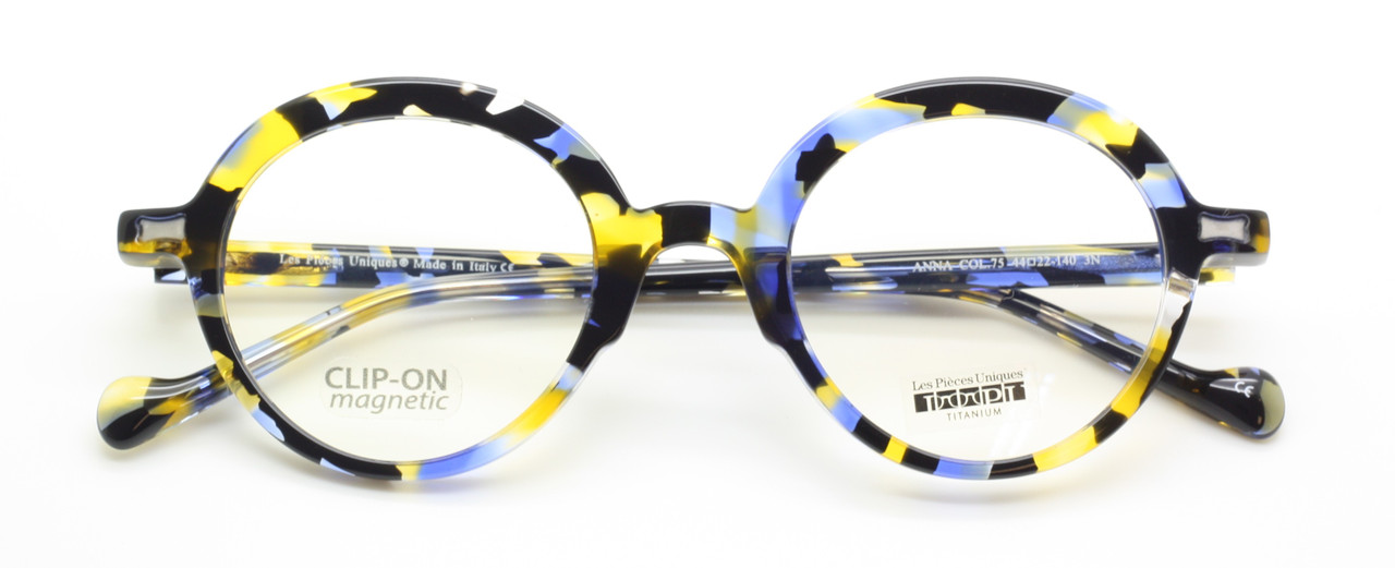 Italian Eyewear with Sun Clip by Les Pieces Uniques ANNA Acetate Round Style Glasses In Tortoiseshell Effect Blue Yellow