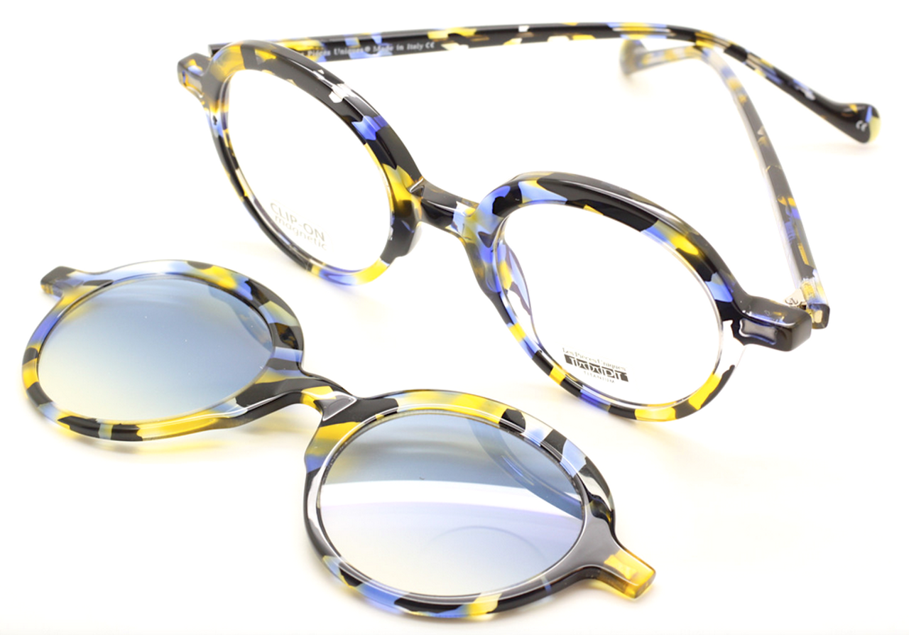 Les Pieces Uniques ANNA In Tortoiseshell style mix with Blue & Yellow Matching Sun Clip At The Old Glasses Shop Ltd