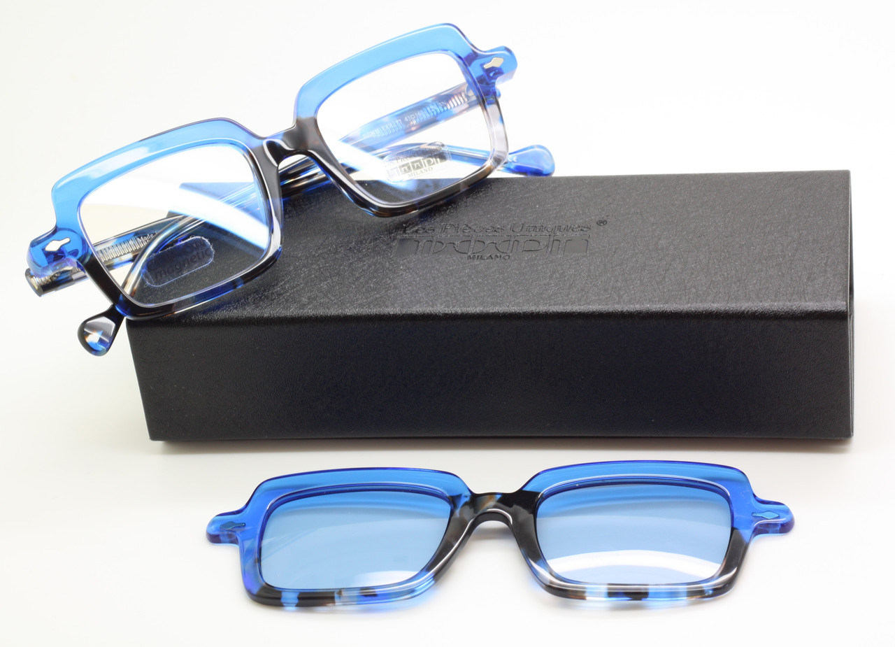 Italian Rectangular Eyewear By Les Pieces Uniques BENJI Blue Acetate Eyeglasses With Matching Sun Clip