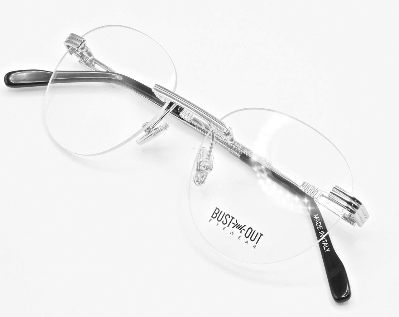 Rimless Spectacles TRAVIS By Bust Out Eyewear In Shiny Silver Finish  With Outstanding Arm & Bridge Detail 57mm Eye Size