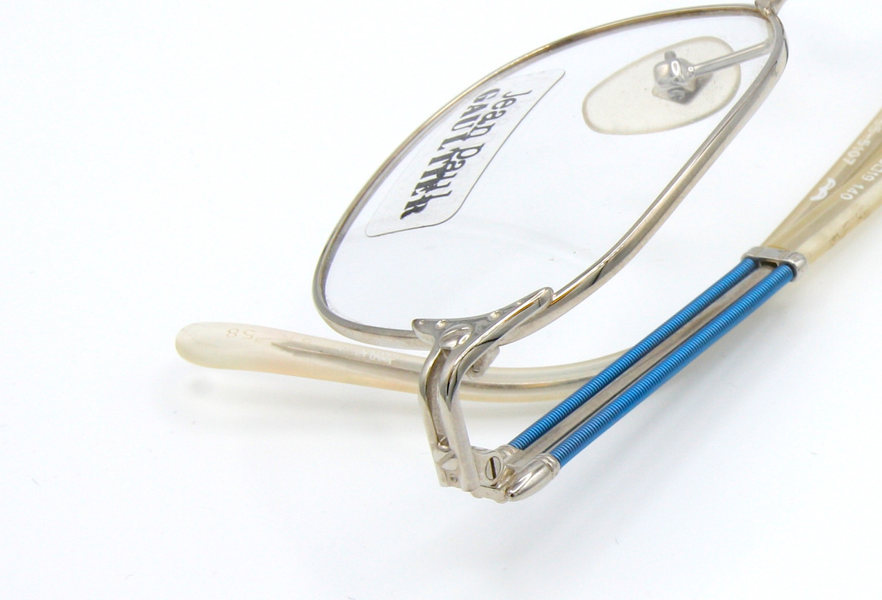 Rectangular Jean Paul Gaultier 55-5107 Silver & Blue Designer Glasses With Spring Detailed Arms 49mm Lens Size