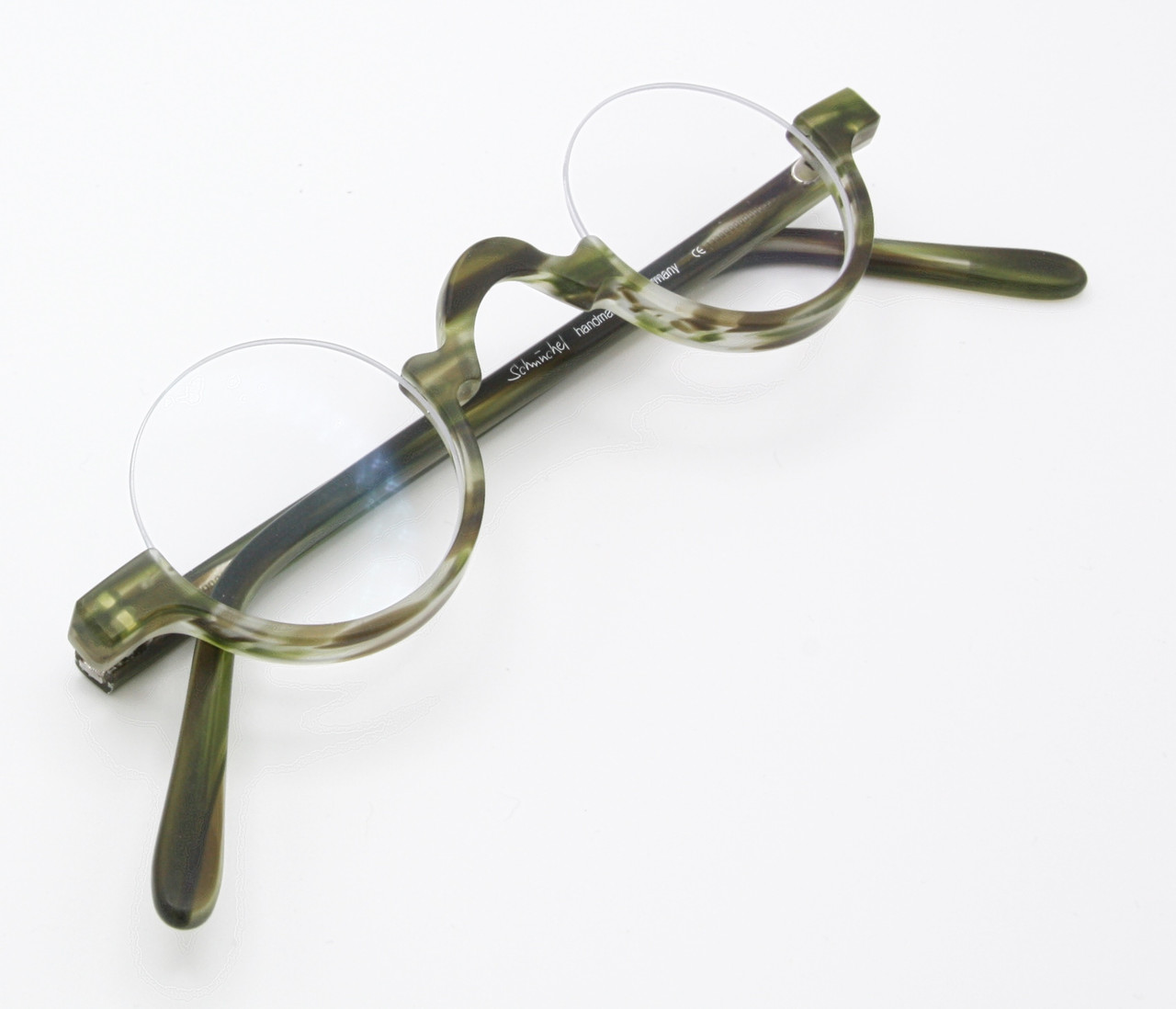 Lower half rimmed green acetate glasses, light and comfortable to wear, at www.theoldglassesshop.co.uk