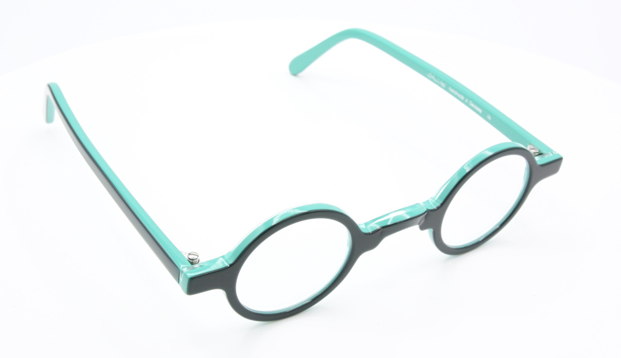 Two Tone Handmade Eyewear Schnuchel 109 Teal True Round Spectacles 34mm Lens Size