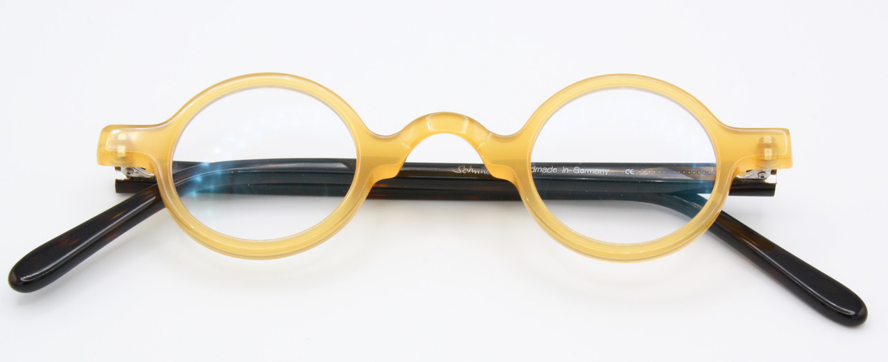 Handmade Eyewear By Schnuchel 109 Yellow & Black True Round Spectacles 34mm Lens Size
