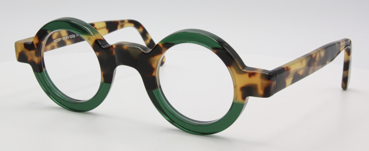 Unique style plastic eyeglasses in green and tortoiseshell effect at The Old Glasses Shop Ltd