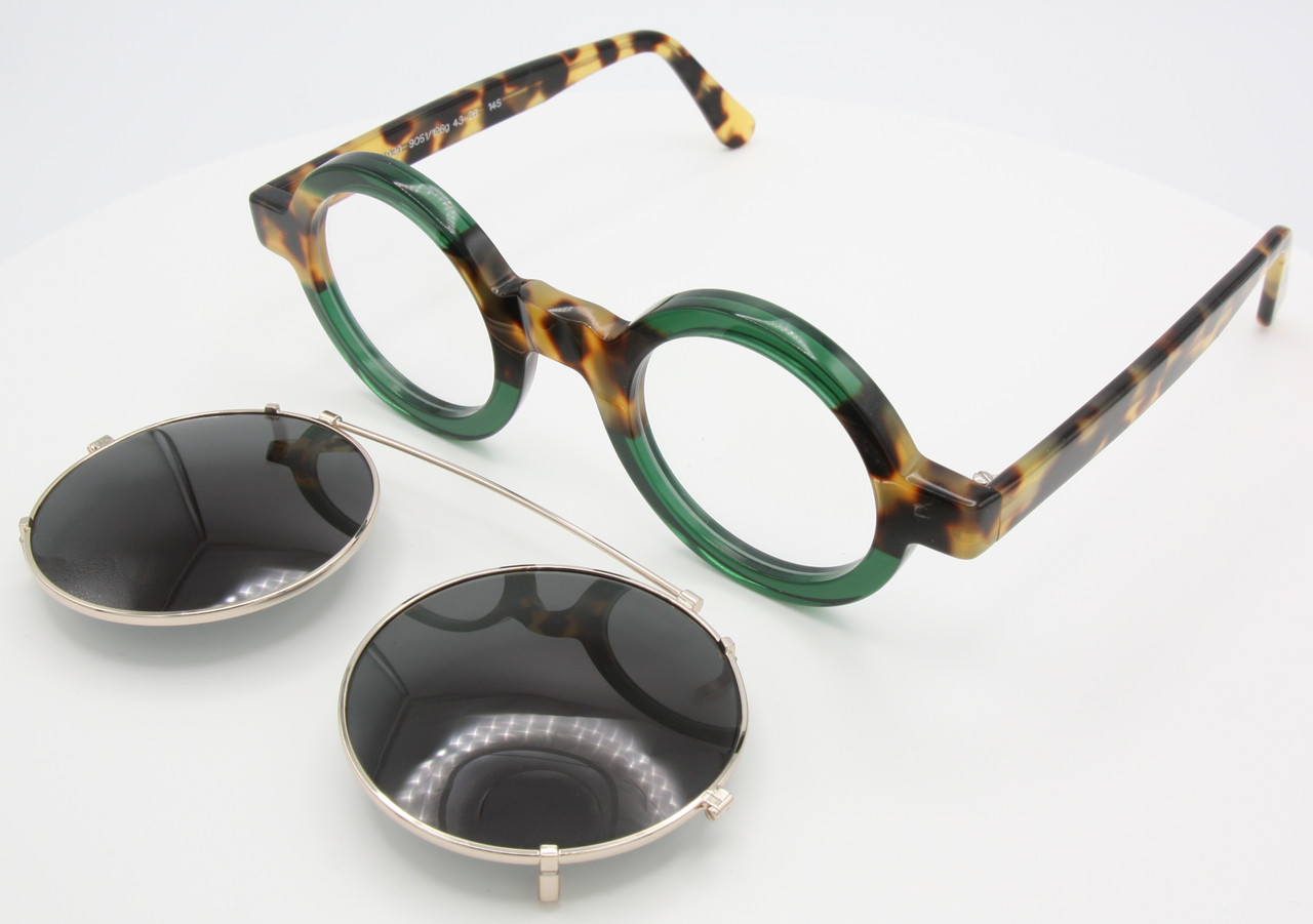 Schnuchel thick rim acetate eyewear in green and tortoiseshell effect & matching clip on sunglasses at The Old Glasses Shop Ltd