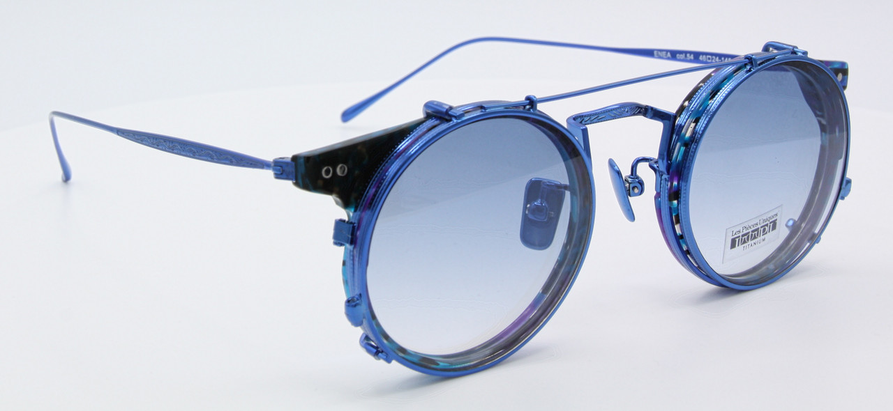 Stunning titanium and acetate spectacles in a blue and purple finish with clip on sunglasses at www.theoldglassesshop.co.uk