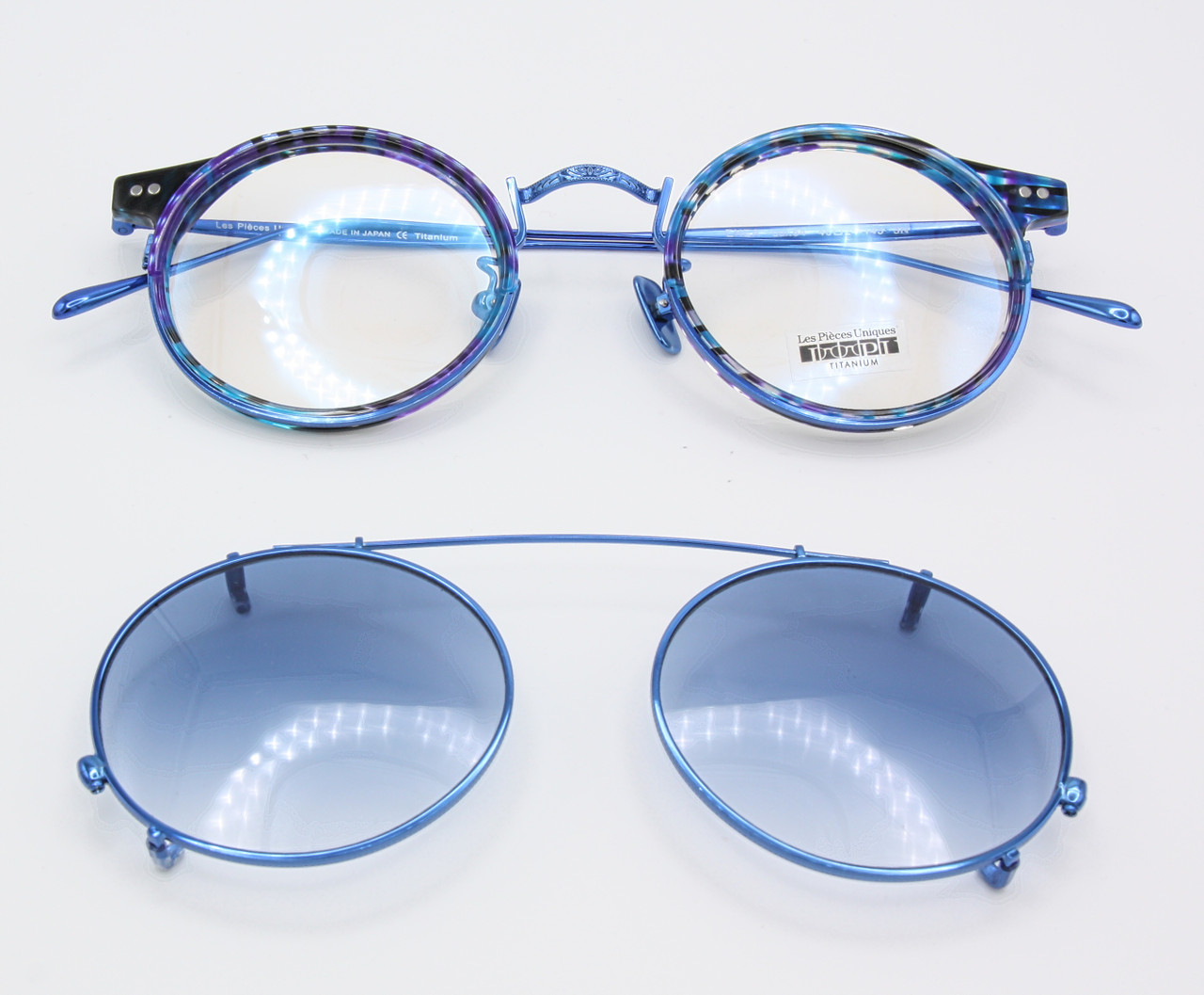 Vibrant Blue Italian Glasses ENEA Titanium & Acetate Round Glasses By Les Pieces Uniques With Matching Sun Clip