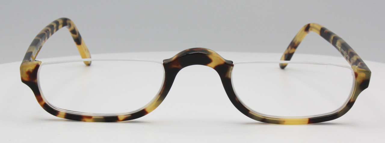 Rectangular half rim reading specs in a blodne tortoiseshell effect finish at The Old Glasses Shop Ltd