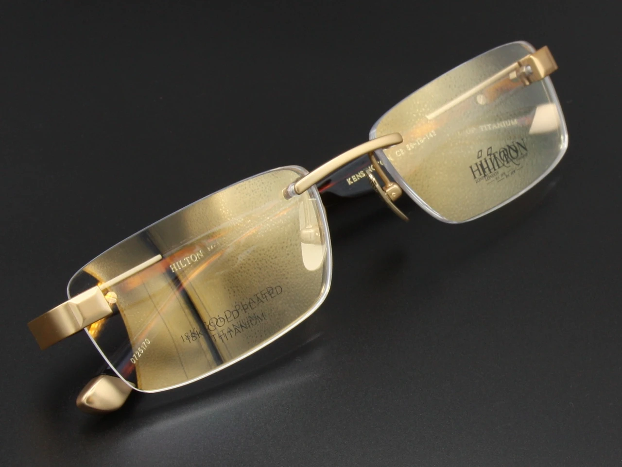 18kt Gold Plated Titanium Rimless Eyewear By Hilton Exclusive Kensington In Matt Gold & Tortoiseshell Effect Acetate  56mm Eye Size