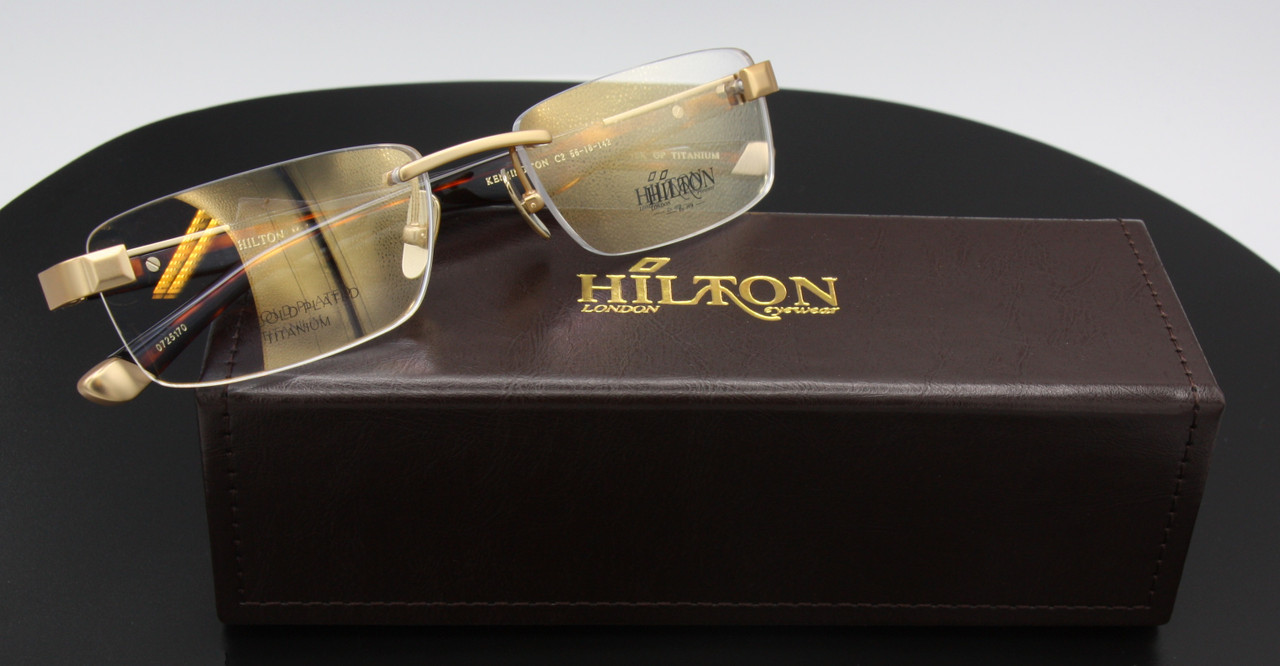18kt Gold Plated Titanium Rimless Eyewear By Hilton Exclusive Kensington In Matt Gold & Tortoiseshell Effect Acetate  56mm Eye Size