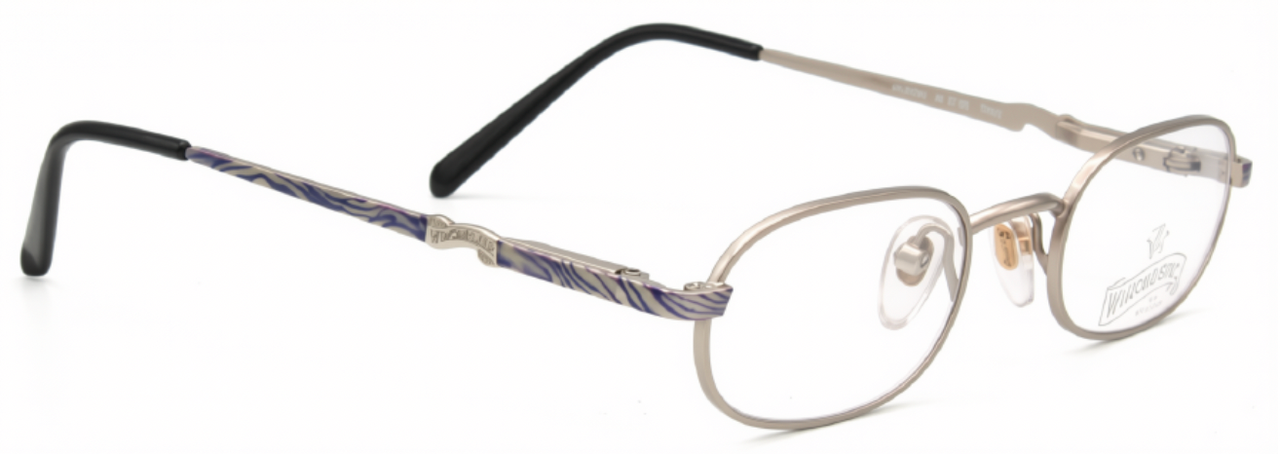 Winchester Huron eyewear in matt silver with purple tiger print arms at The Old Glasses Shop