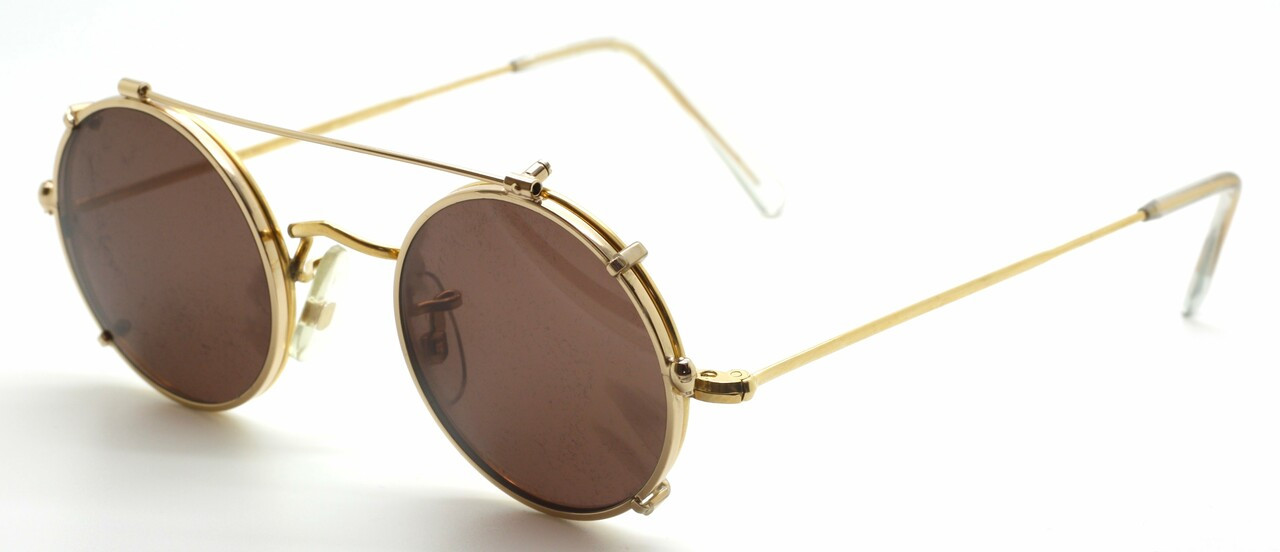 Hilton Classic by Savile Row Round Vintage Frames 14kt Rolled Gold Glasses 49mm Rims & Mtching Hand Made Sun Clip