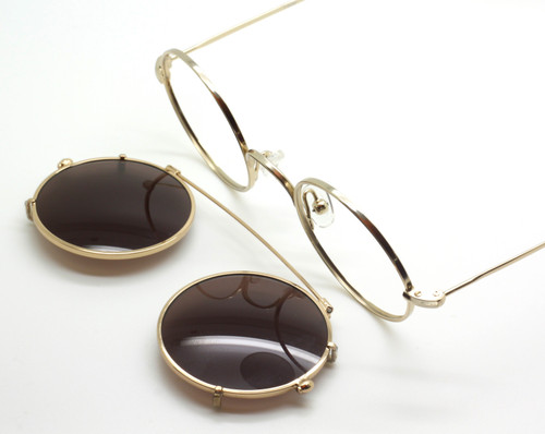 True Round Gold Colour Ozzy Osbourne style Glasses With Curlside Arms and Matching Sun Clip 36mm-50mm Sizes