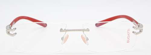 Rectangular rimless eyewear by Bugatti in silver & red at www.theoldglassesshop.co.uk
