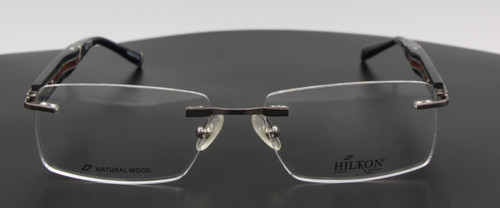 Rimless eyeglasses in silver & black with wooden temples and sprung hinges