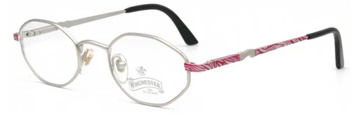 Winchester CRAZY hexagonal prescription glasses in a matt silver & pink finish.