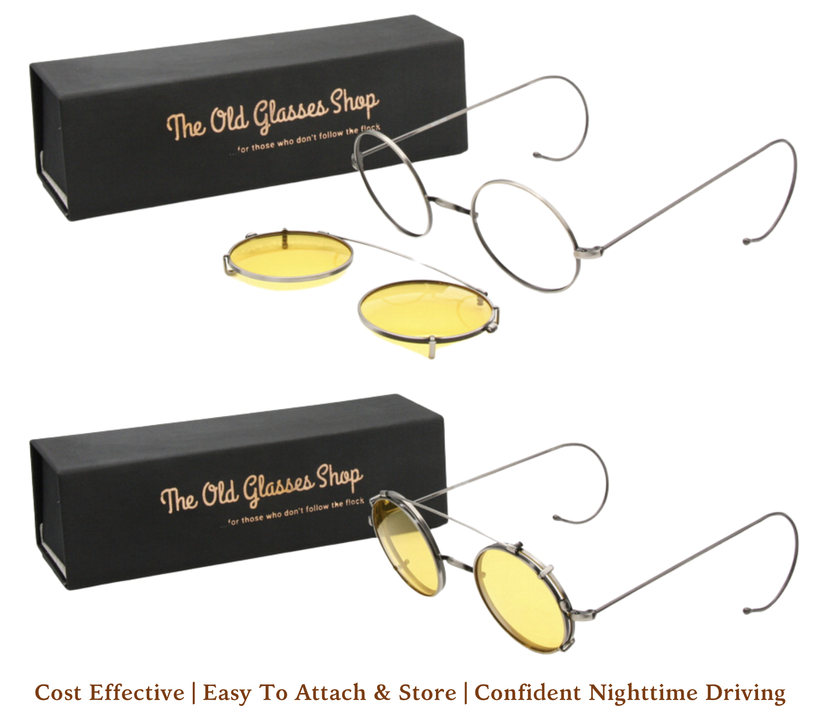 Handmade night driving clips, yellow tinted and anti-glare coated for reduced glare and reflections whilst driving at night.