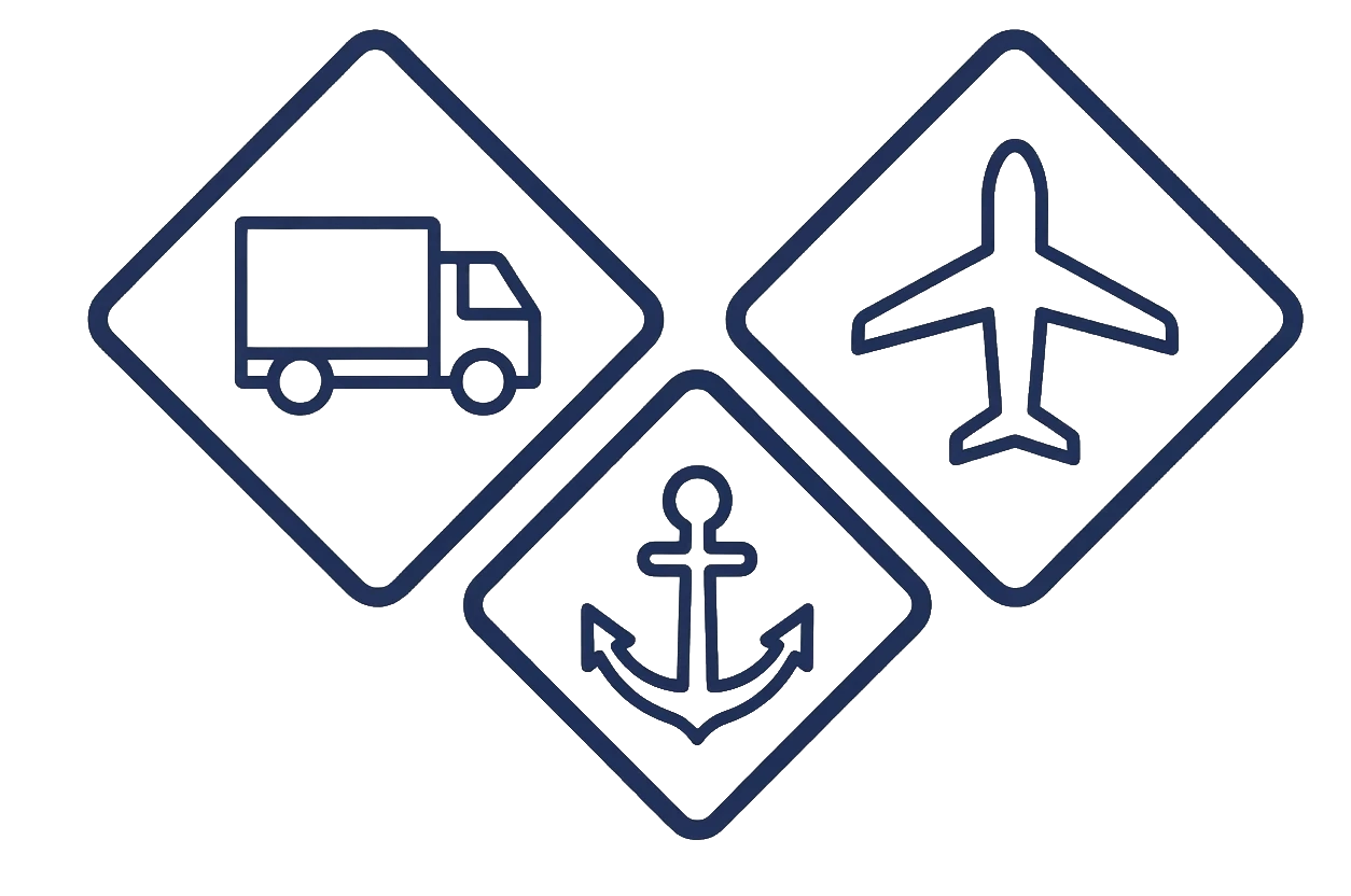 Diamond with truck, diamond with anchor, diamond with plane