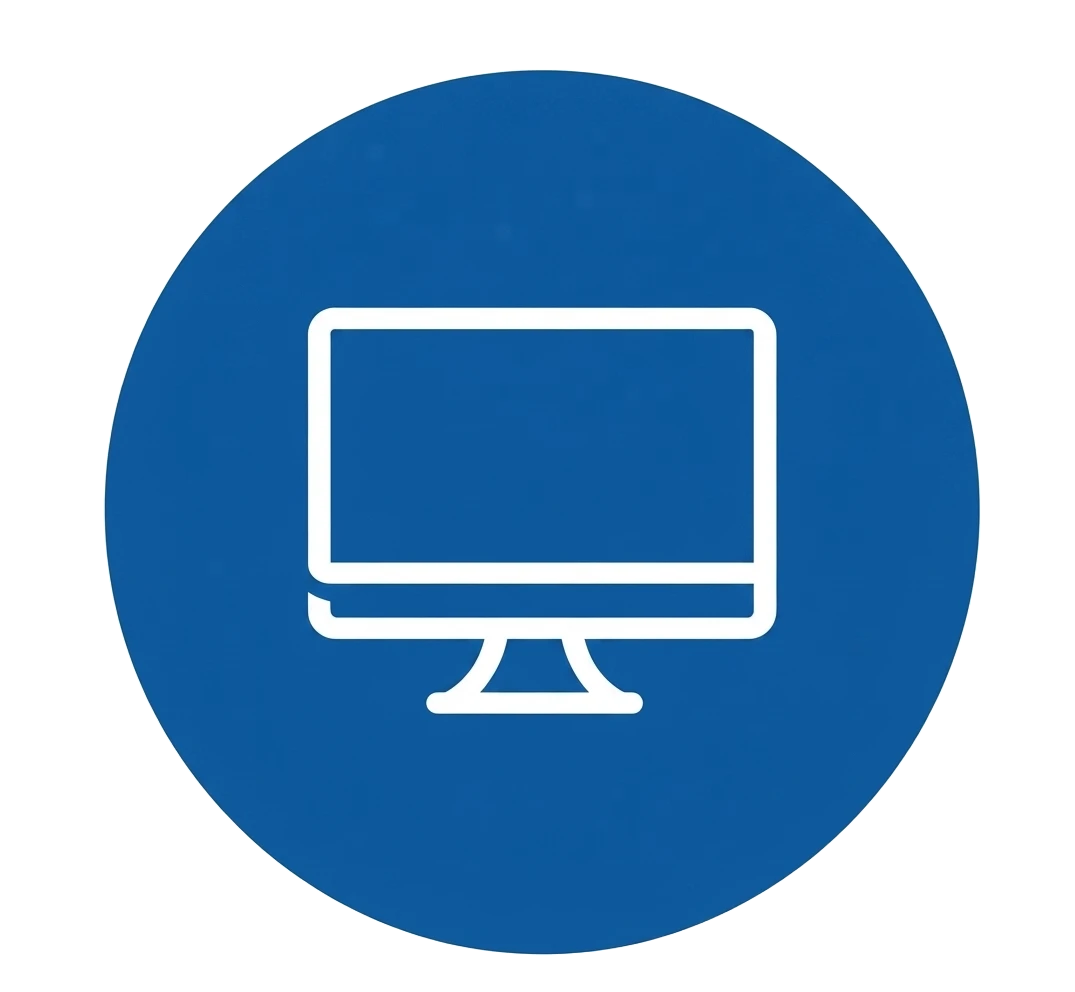 Desktop computer screen in blue circle