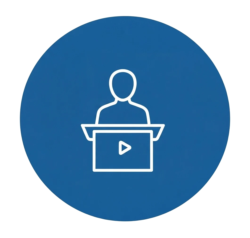 Man at podium in blue circle