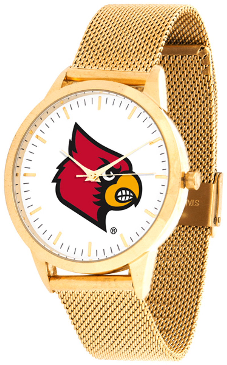 Men's Gold/Black Louisville Cardinals Stainless Steel Leather Band Watch
