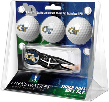 Georgia Tech Yellow Jackets - Black Crosshair Divot Tool 3 Ball Gift Pack