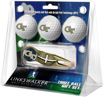 Georgia Tech Yellow Jackets - Gold Crosshair Divot Tool 3 Ball Gift Pack