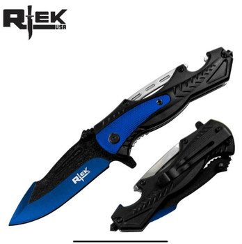 4.5'' ASSISTED-OPEN POCKET KNIFE
BLUE/BLACK HANDLE AND BLADE
WITH BELT-CLIP AND GLASS-BREAKER