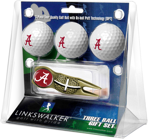 Alabama Crimson Tide - Gold Crosshair Divot Tool 3 Ball Gift Pack