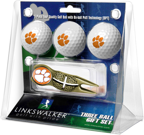 Clemson Tigers - Gold Crosshair Divot Tool 3 Ball Gift Pack