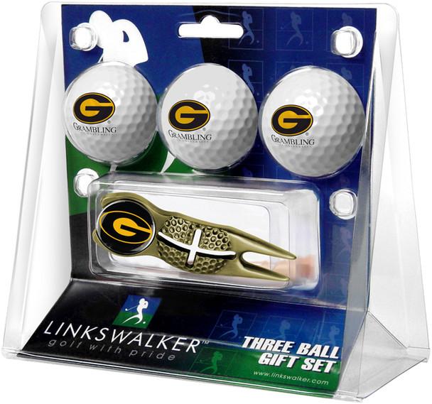 Grambling State University Tigers - Gold Crosshair Divot Tool 3 Ball Gift Pack