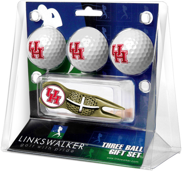 Houston Cougars - Gold Crosshair Divot Tool 3 Ball Gift Pack