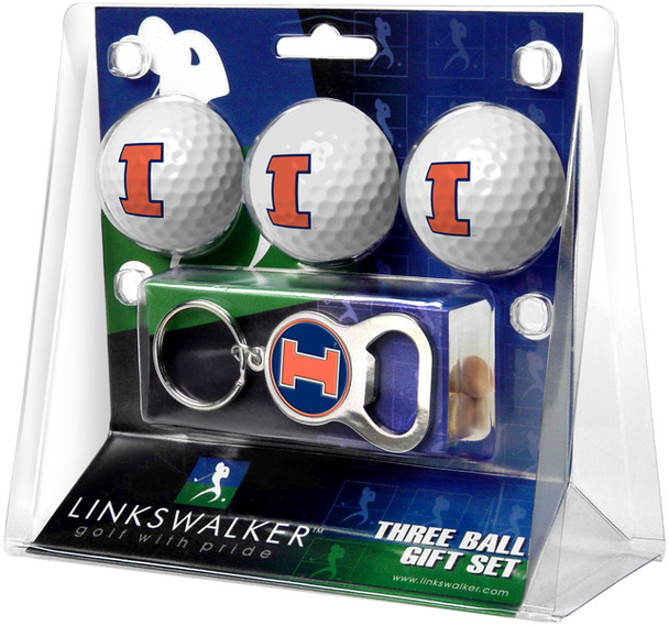 Illinois Fighting Illini - 3 Ball Gift Pack with Key Chain Bottle Opener