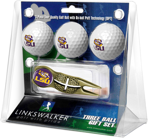 LSU Tigers - Gold Crosshair Divot Tool 3 Ball Gift Pack